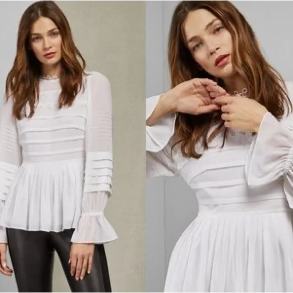 Ted Baker Women's Roobee Pintuck Detailing Long Sleeve Top - White sz 3 US 8 - Picture 6 of 11